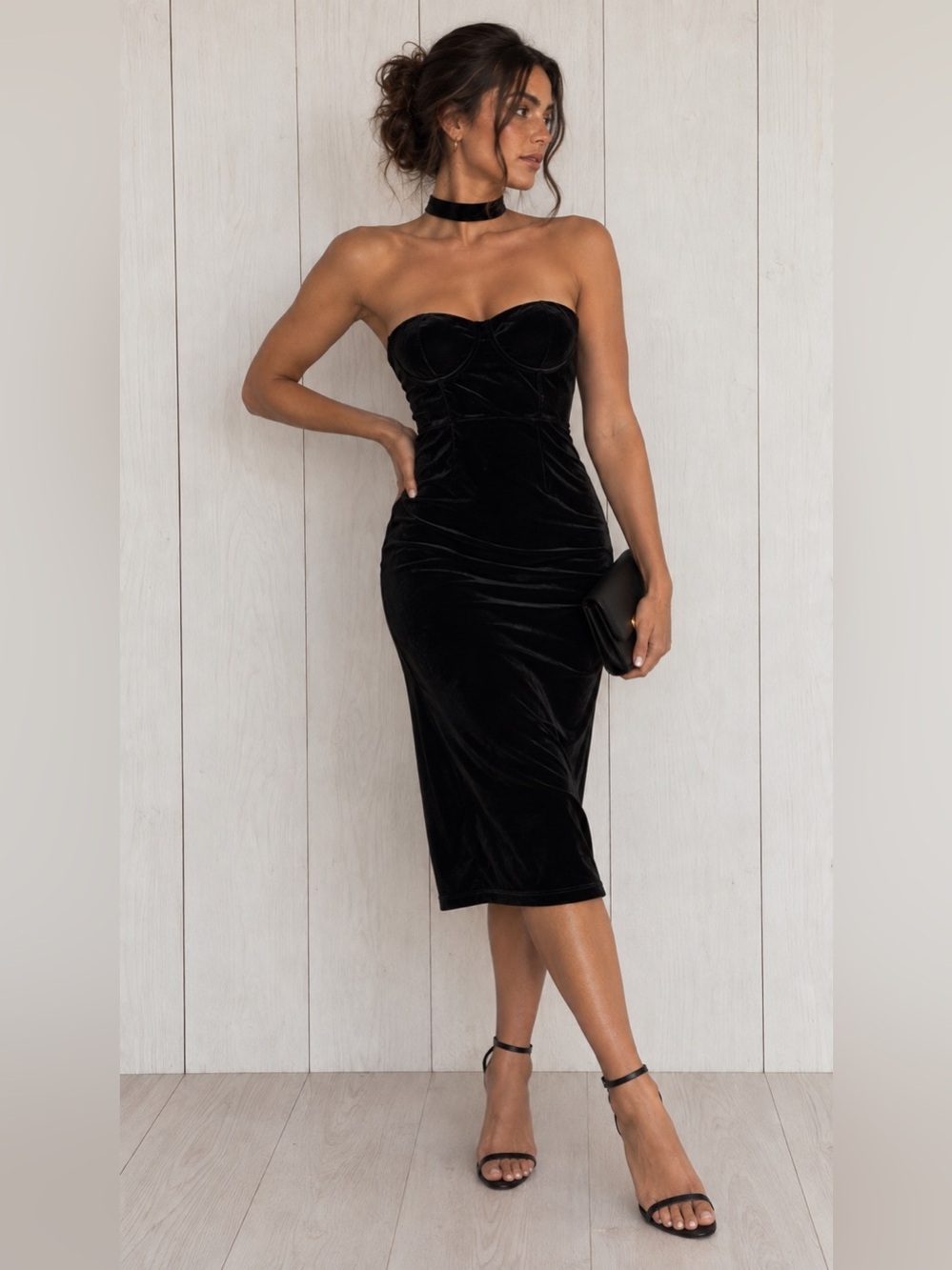 Haute Monde Black Velvet Halter Choker Midi Dress Size L
